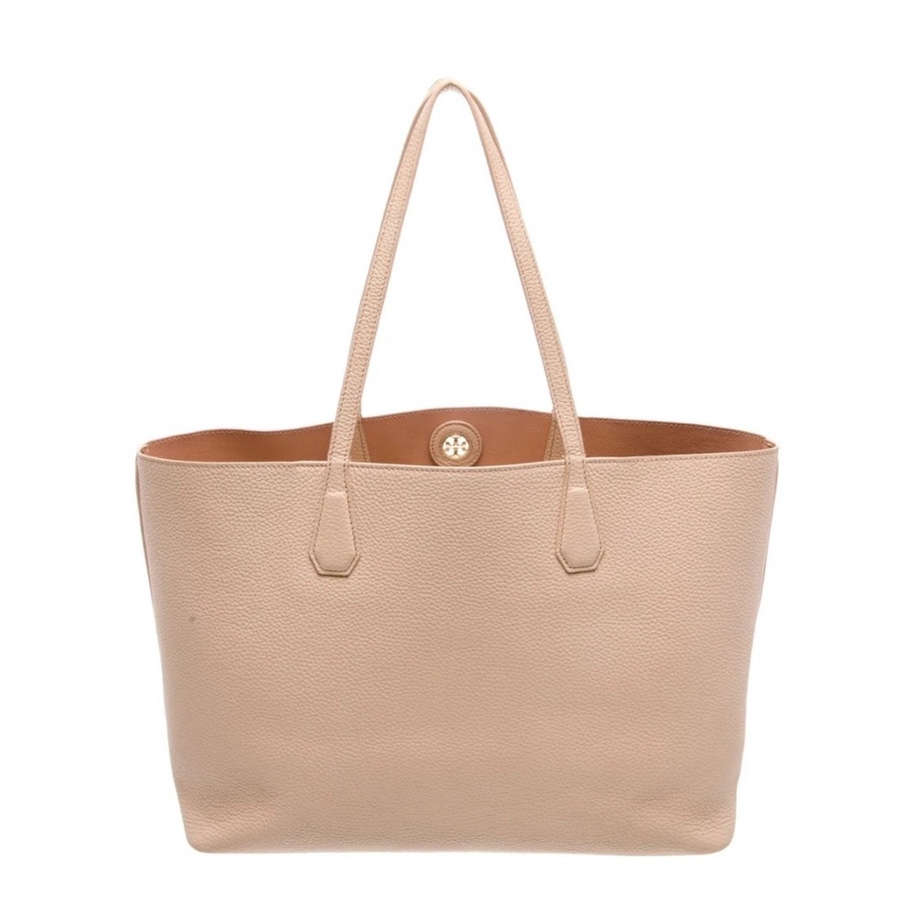 💗 Tory Burch Pink Pebbled Leather  Tote | Large Neutral Shopper | 17.5” Wide - Picture 5 of 12